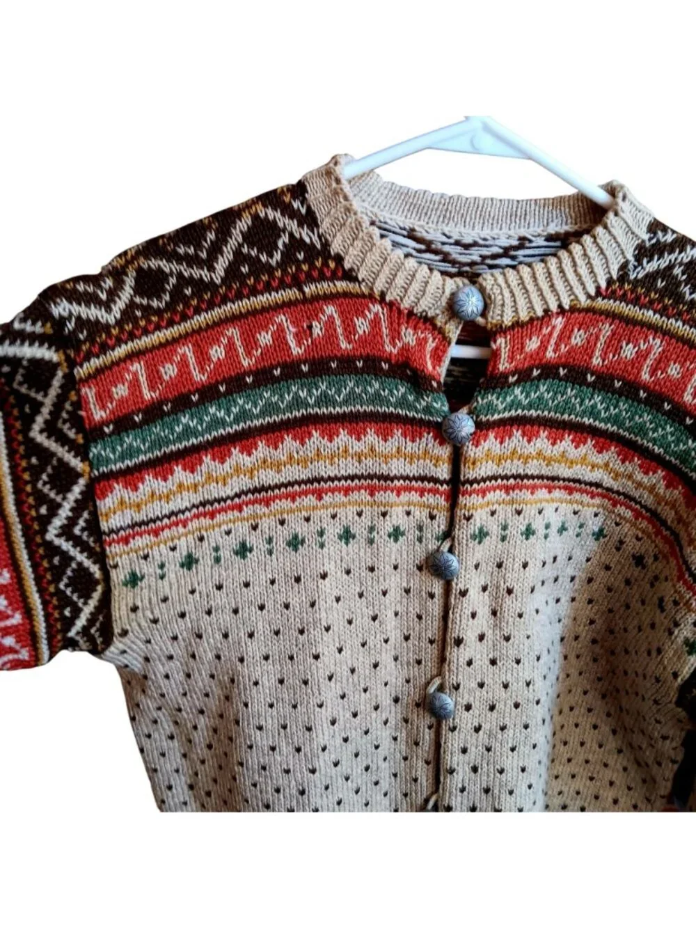 Vintage Medium Cardigan Sweater 1950's Nordic Fair Isle Wool Norwegian Knit